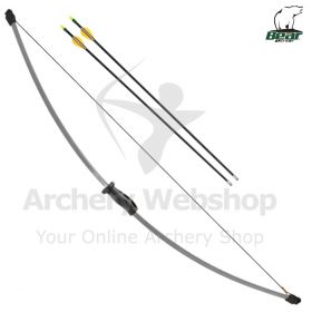 Close-up of the Bear Archery Wizard Youth Bow Set, showcasing its grey 44-inch bow, Safetyglass™ arrows, and specifications including up to 18 lbs. draw weight and 24-inch draw length range.