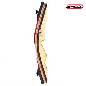 Shocq Handle Guardian take-down riser in wood, available in lengths of 18, 20, and 24 inches, and mass weights of 500, 600, and 700 grams. Features threaded fittings for accessories and compatibility with Shocq Grand limbs.