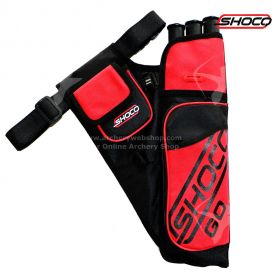 Shocq Quiver Go in vibrant colors, showcasing its robust yet lightweight design with three tubes for arrows, a slot for a hook, and a pouch for a finger tab and sling, complete with an adjustable clip fastening belt.