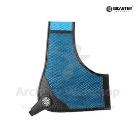 Close-up of the Bicaster Archery ASA Chest Guard, showcasing its ergonomic design and leather-fabric blend, available in multiple colors and sizes for right-handed archers.