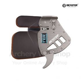 Close-up of the Bicaster Archery ASA Finger Tab, featuring adjustable finger spacer, thumb rest, and little finger rest, in elegant color options, designed for all archers.