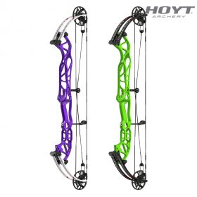 The Hoyt Concept X 37, shown in Galaxy Purple, with black limbs, is a premium target bow designed for stability and high performance. The long riser minimizes rotational translation, while the TXL limbs offer unparalleled torsional stability. The bow is e