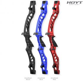 The Hoyt RCRV Comp riser in anodized red, ideal for beginner and intermediate archers seeking precision and durability. This 25" machined aluminum riser features an adjustable limb alignment system that’s easily tunable while strung, offering customizable