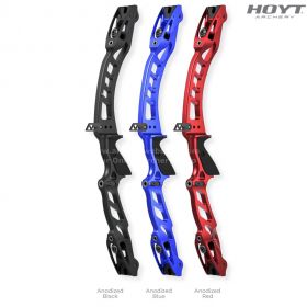 The Hoyt RCRV Podium recurve riser, shown in anodized blue, designed for intermediate archers seeking precision and balance. It features Hoyt’s Dynamic Balance Design and ILF compatibility, enabling a high level of customization. This 25-inch riser has an