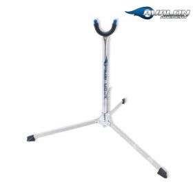 The Avalon Recurve Bowstand Eola is a compact, silver-colored archery bowstand measuring 35 cm in length. Made from stainless steel, it features a quick fold/unfold design and a butterfly nut lock system. Slightly heavier at 476 grams, it offers superior 