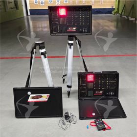 A portable Chronotir 2 countdown clock designed for both indoor and outdoor archery events. The package includes two tripods, two displays, a remote control, and a charger, ensuring quick installation and easy transport.