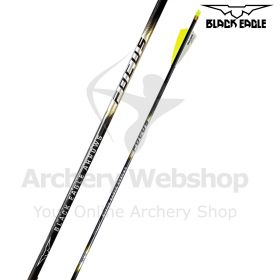 Close-up of Black Eagle FOCUS arrow components: Flo-Yellow nocks, Fusion X-II Shield Vanes, and premium carbon construction for durability.