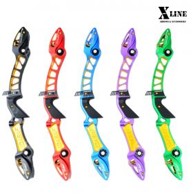 The X-Line TORNADO Riser features an anodized aluminum body, a precision CNC-machined build, and a height-adjustable arrow rest for optimal shooting comfort. Available in Black/Gold, Red/Gold, Blue/Gold, Green/Gold, and Purple/Gold.